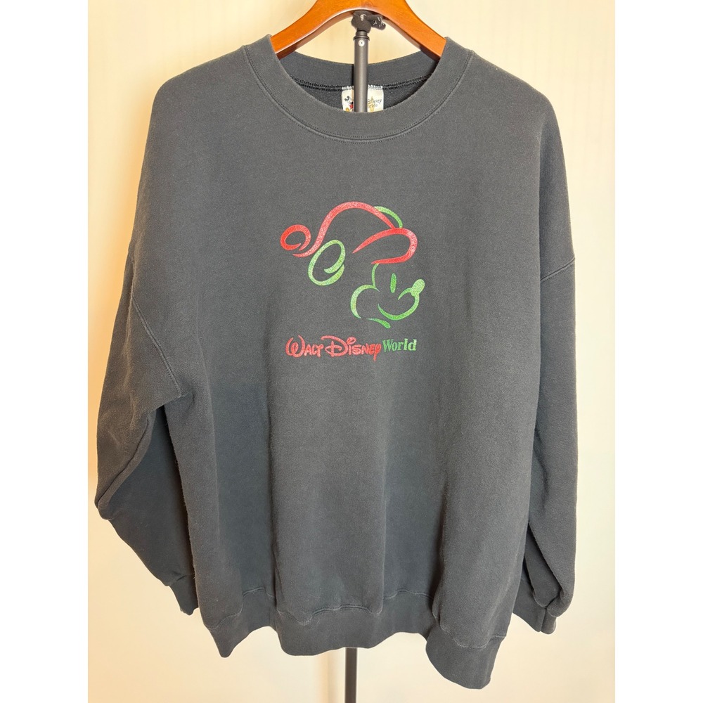 Vintage Walt Disney World Mickey Mouse Glitter Sweatshirt Black XL Christmas